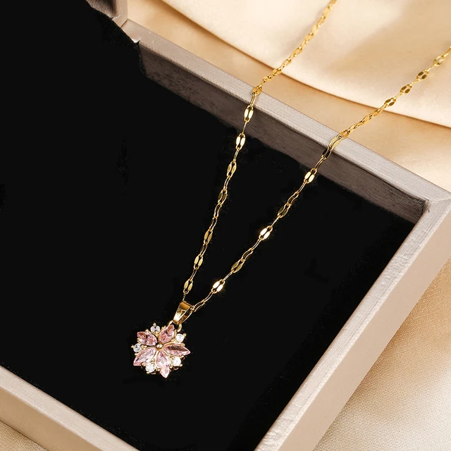 New Cute Romantic Pink Sakura Pendant Stainless Steel Necklaces For Women Korean Fashion Female Sexy Clavicle Chain Jewelry Gift 4