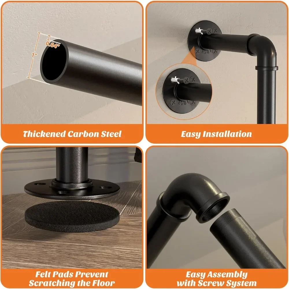 New2025-Industrial Pipe Clothing Rack, Reversible 13FT Clothes Rack for Hanging Clothes, Heavy Duty Garment Racks, Wall Mounted