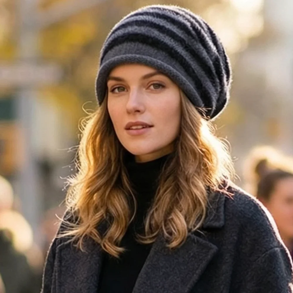 Heißer Verkauf Mode Frau Slouchy Beanie Casual Streifen Design Y2K Winter Hüte Für Frauen – Detail 4