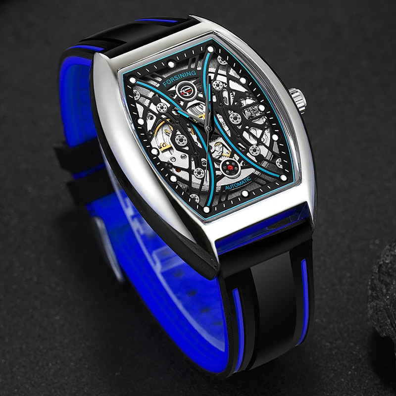 Forsining Tonneau Mechanical Men's Watches Skeleton Flywheel Hollow Out Male Wristwatches Waterproof Silicone Strap Sport Watch