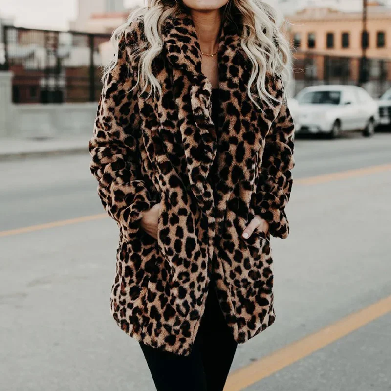 2023 Faux Fur Coat Women New Winter Fashion Leopard Print Outerwear Warm Long Sleeve Artificial Fur Jacket Plush Clothing S-5XL