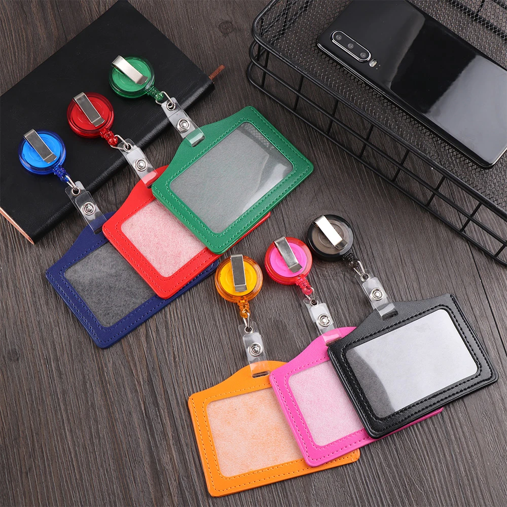 

Candy Colors Horizon Style PU Leather Badge Holder Clip Retractable Badge Reels ID Badge Holder Nurse Doctor Name Card Holder