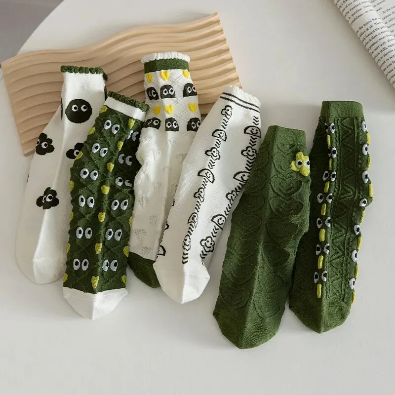 Womens Socks 5 Pairs of Women's Spring and Summer Four-season Green Fun Eyes Personalized Cartoon Comfortable Mid-calf Socks