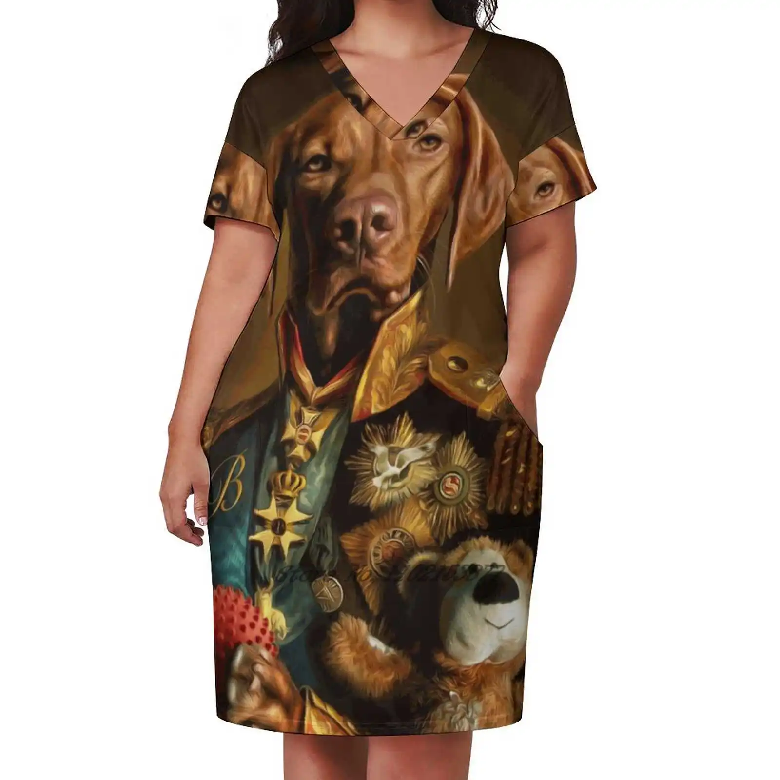 Bertie The Hungarian Vizsla - Dog Portrait Loose Pocket Dress Fashion Print Dress Short Sleeve V-Neck A-Line Dress Anthro