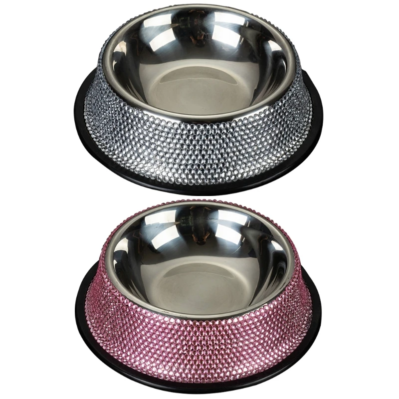 Dog Food Dish Stainless Steel with Rhinestones Anti-Skid Rubber Base Pet Bowls 270F penguin shape dog feeder stainless steel non slip pet bowl anti fall puppy feeding food dish cat dog drinking water single bowls