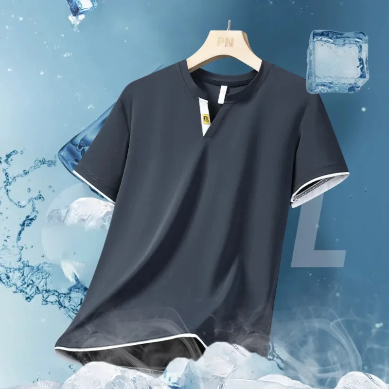 

2024 Summer Ice Silk T-shirt Men Casual Fit Breatheable Comfort Thin T Shirts Men Clothing Short Sleeve Shirts V-neck Quick Dry