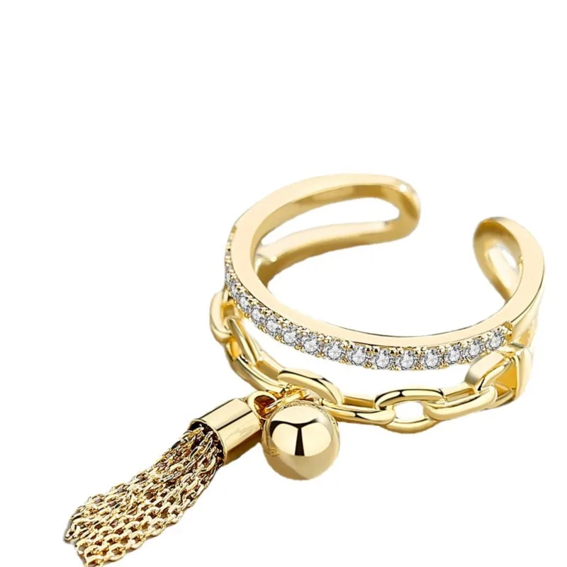 Luxury Double Layer Zircon Rings for Women Punk Metal Ball Tassel Link Chain Opening Ring New Trend Couple Wedding Jewelry