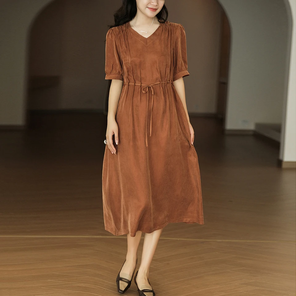 Vestido de seda fino para meninas, moda solta, manga curta, gola V