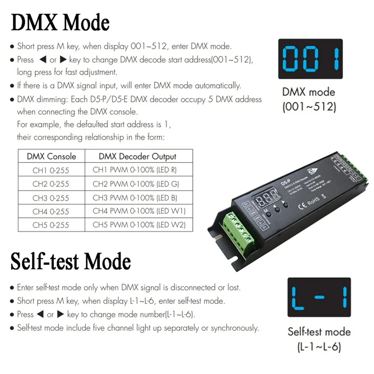 RDM 디지털 디스플레이 DMX 디코더, DMX512 조광기 드라이버, PWM RGBCCT LED 컨트롤러, LED 모듈 조명, 5 채널