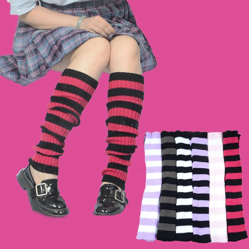 Goth Fashion Leg Warmers Women Stripe Warm Knee High Winter Knit