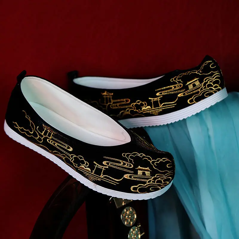 chinese ancient gold embroideried hanfu shoes summer unisex casual flat cloth shoes adult team performance match kungfu