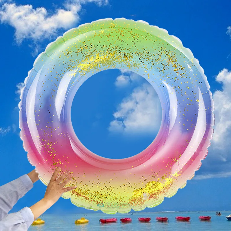 Inflatable Swimming Ring 1pc Rainbow Sequin Thickened PVC for Outdoor Beach Pool Party