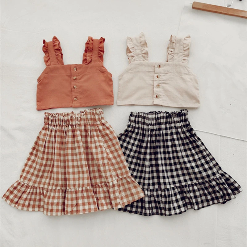 beautyful kid suit Girls Clothes Set Summer Kids Cotton Sleeveless Ruffles Sling Vest Plaid Skirt 2pcs Outfits Children Clothing Suit For 3-8Years clothing kid suit