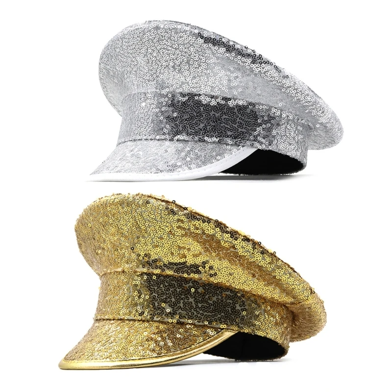 

Q0KE блестящая зеркальная шляпа капитана, берет, матросская шляпа для девичника, джазовая шляпа, универсальная для клубной бара