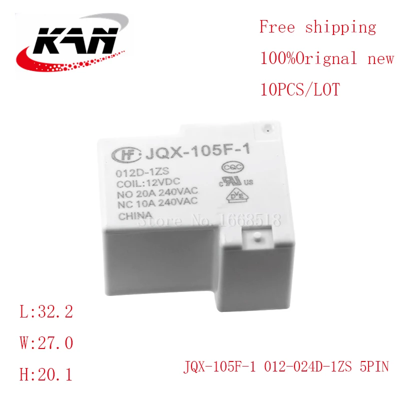 

Free shipping 10pcs relay JQX-105F-1-012D-1ZS JQX-105F-1-024D-1ZS 12VDC 24VDC 20A 240VAC 5PIN Original New