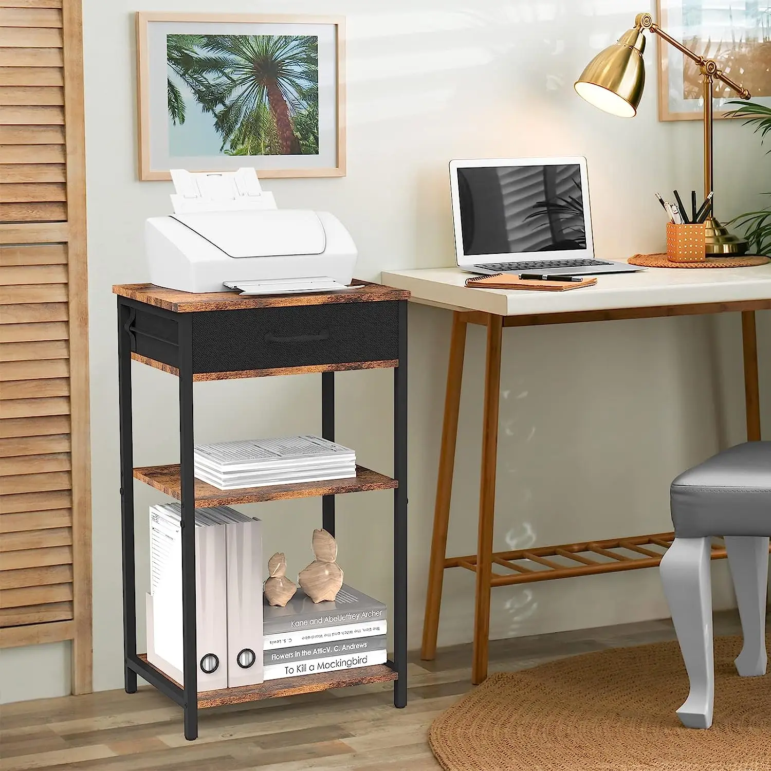 Printer Stand with Storage Bag Under Desk Printer Table on Wheels 2 Tier Small Desktop Rolling Stand Shelf (Brown)