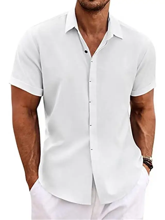 Mens Linen Short Sleeve Shirt Solid Color Cotton Linen Loose Fit Beach Top Casual Summer Tee 5
