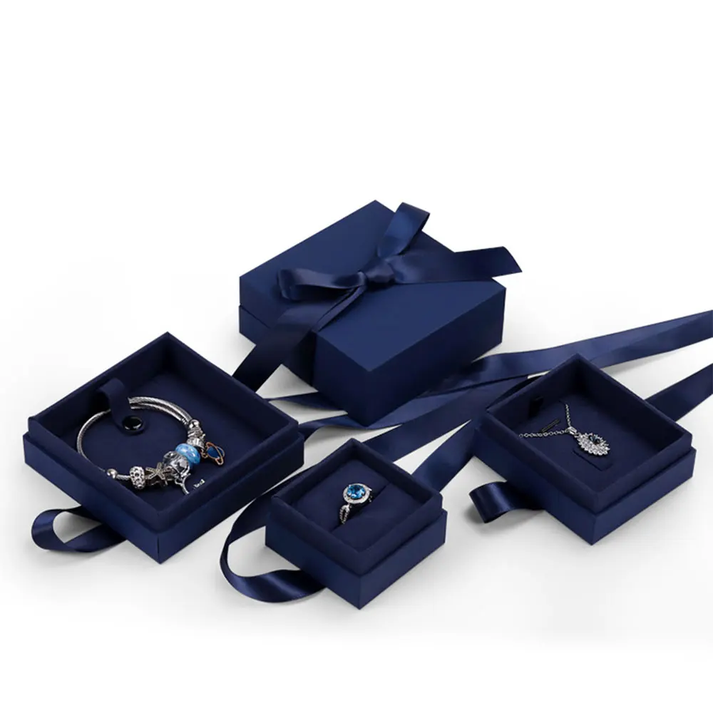 

12pcs/Lot Dark Blue Paper Jewelry Box With Silk Ribbon For The Necklace Pendant Wedding Birthday Party Gift Luxury Packing Cases