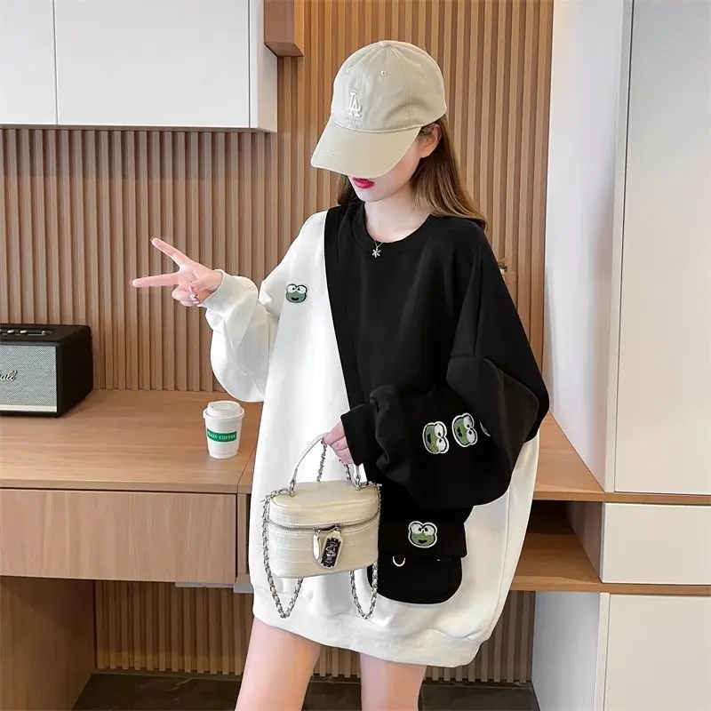 Young Style Streetwear Loose Casual Solid Women's Clothing Patchwork Pocket Printing Long Sleeve O-neck Pullovers Sweatshirts