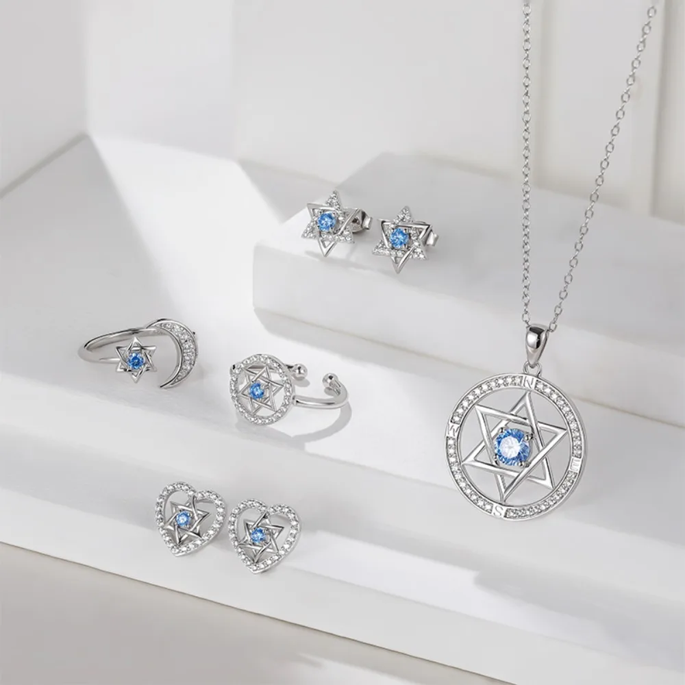 Monkton Star of David Silver 925 Jewelry Set Women Blue Zircon Shiny Star Rings Jewelry Set Wedding Gift Кольцо Женское