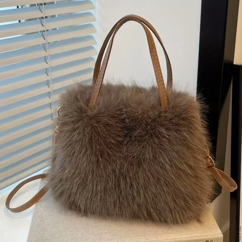 Faux Synthetic Leather Handbag, Fluffy Tote Crossbody Bag for Daily Use, Parties, Purses and Handbags for Women Plush Tote Bag