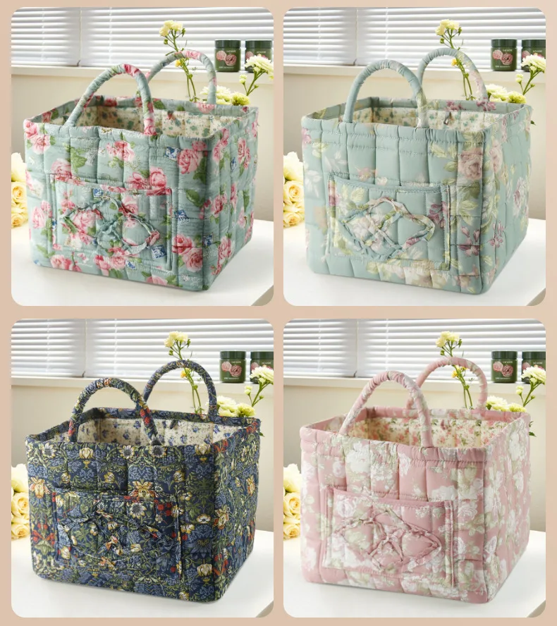 French Pastoral Style Storage Baskets Cotton-Filled Organizer for Underwear/Toys Machine Washable 33x27x26cm Foldable Hamper