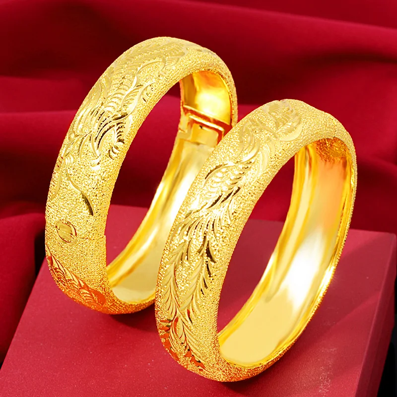 

24K Gold Plated Double 15mm Happy Dragon Phoenix Bracelet for women bride bangles Wedding Engagement High Jewelry Gifts