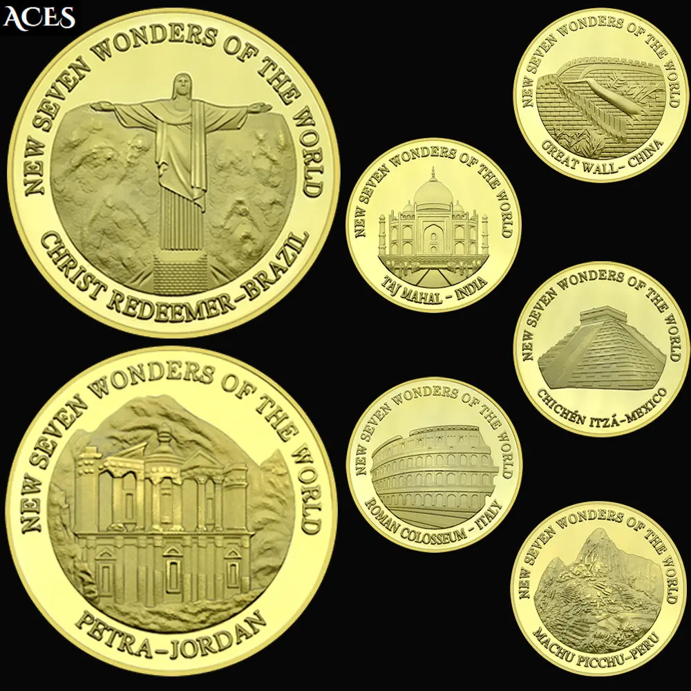 7Pcs Seven Wonders Of The World Gold Coin World Classic Histical Site Medaglia Commemorativa In Capsule Art Worth Collection