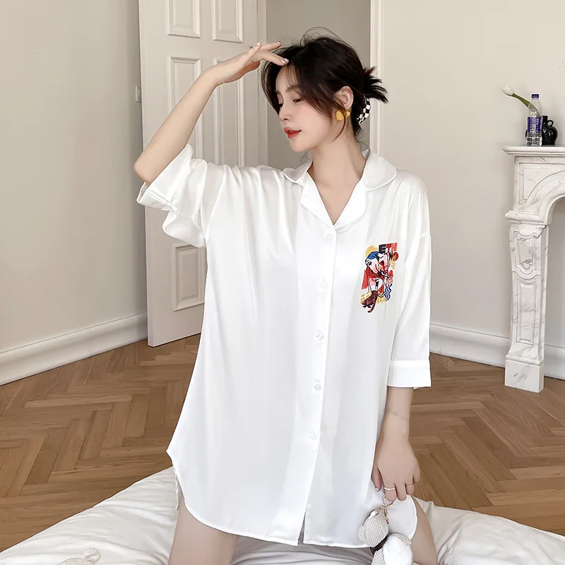 

Шелковая атласная мягкая Ночная рубашка на весну и лето, одежда для сна, пикантный халат, Свободная Домашняя одежда, женская ночная рубашка, белая Пижама