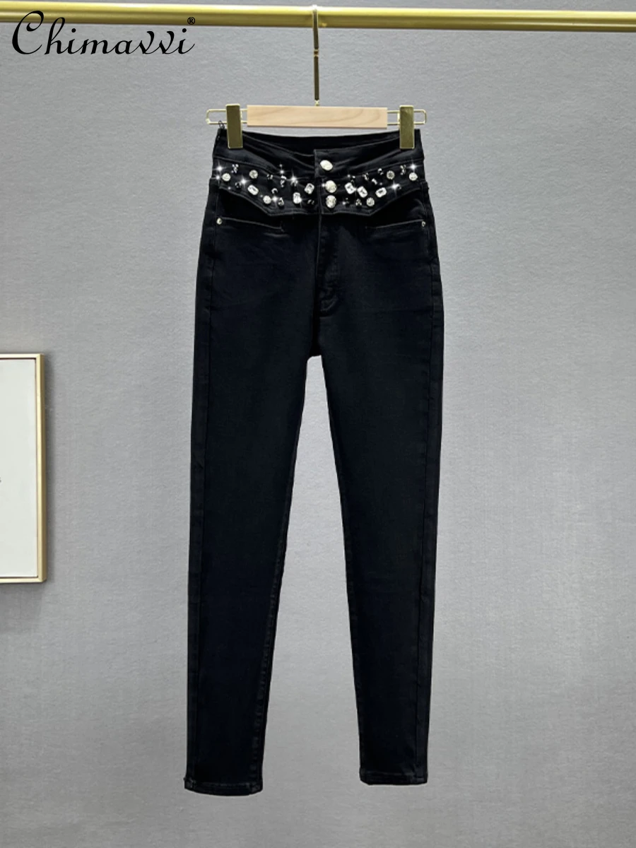 women's-stretch-jeans-2024-spring-new-fashion-multi-button-high-waist-slim-fit-european-goods-diamond-tappered-pencil-pants