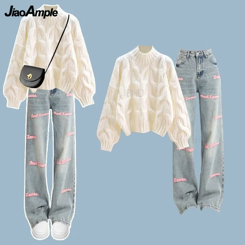 

Women's Autumn Winter Suit 2023 New Knit Sweater Jeans 2 Piece Korean Elegant Half High Collar Pullover Denim Pant Matching Set