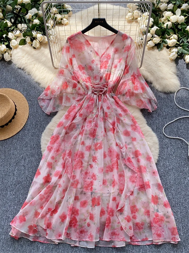 ワンピース Feminine chiffon setup flare P226001 Charlotte Chiffon Halter Neck Dress with Side Slit