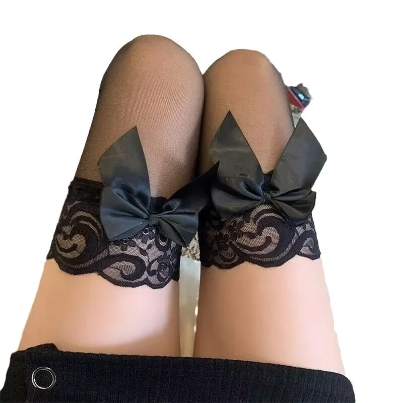 Big Pink Bowknot Lovely Thigh High Knee Sexy Stockings Girls Sweet Lace Over Knee Stockings Ladies Sexy Lingerie Stockings