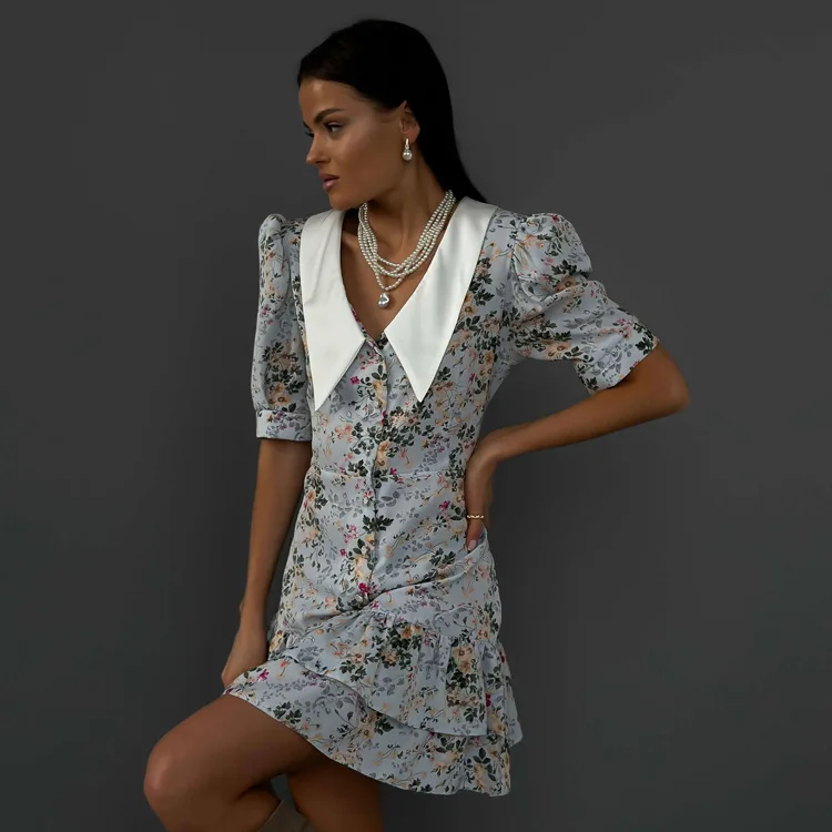 Printed Ruffled V-Neck Mini Dress Female Short Sleeve Fashion Slim High Waist Elegant Party Dress Women's Summer Dress New