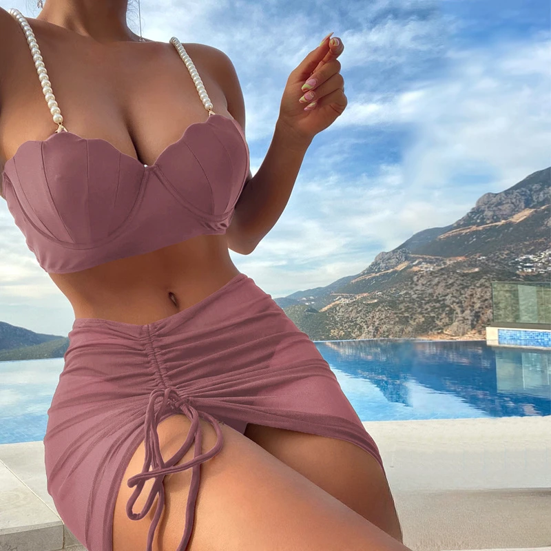 Summer New Swimsuit Women's Three Piece Set Solid Color Summer Sun Protection Sexy Bikini Swimsuit Bathing Suit Women  Swimwear