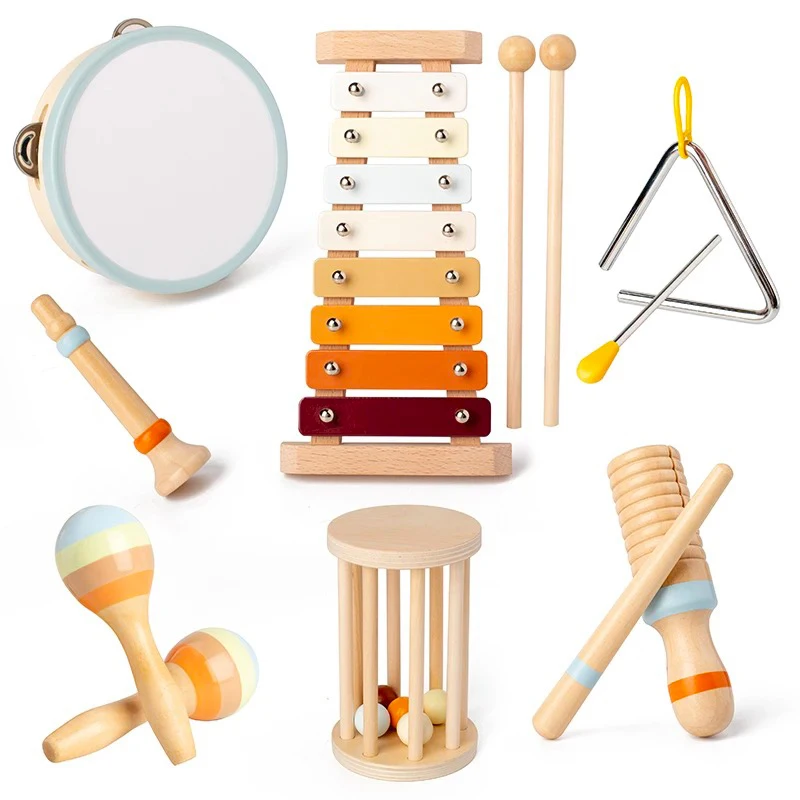Baby Musical Instruments Wooden Toys Montessori Percussion Instruments Drut Set with Xylophone Preschool Educational Kids Gifts 2