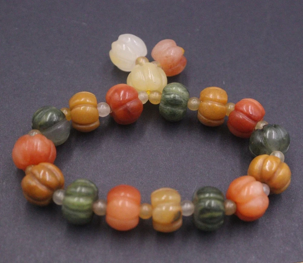 

Natural Colorful Jade Men Women Big Small 13mm Carved Stripe Pumpkin Beaded Bracelet