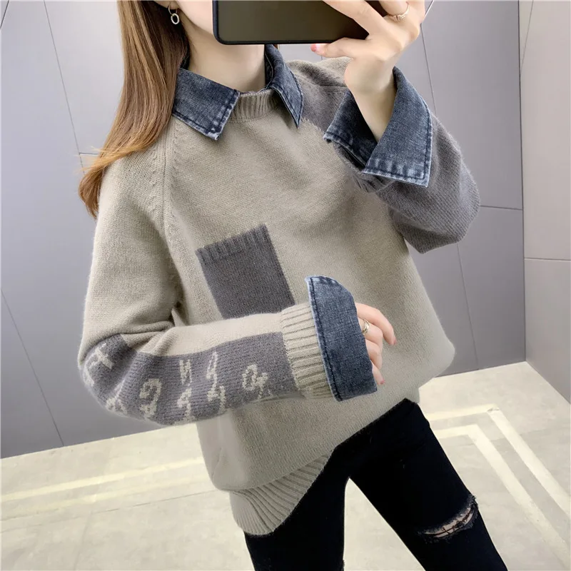 

Autumn and Winter The New Women Winter Sweater Clothes Set Fake Two Splicing Denim Collar Female Korean Version Loose Thicken