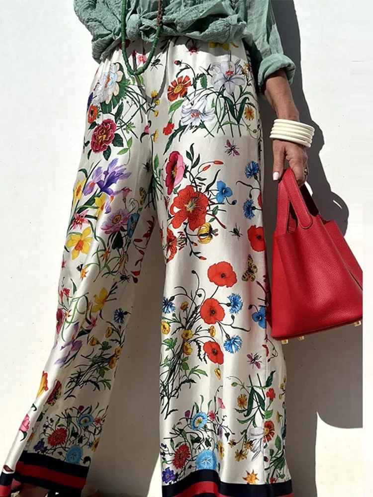Flower Printed 2 Pcs Long Trouser Suits Women Chic Turn Down Collar Lady Shirt Sets Wide Leg Pant 2024 Spring Summer Streetwear