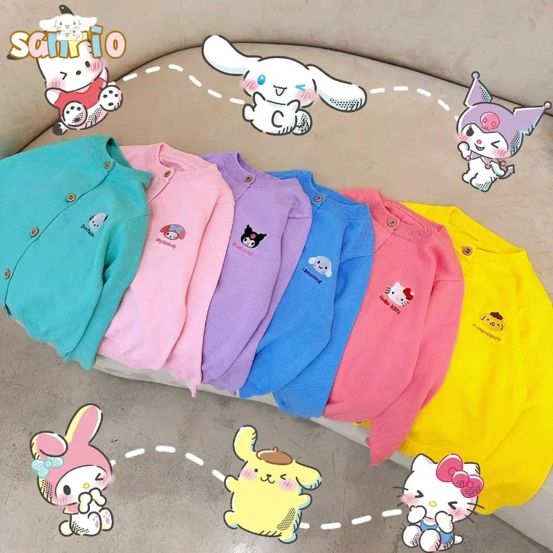 Anime Sanrio Children Sweater Hello Kitty Autumn Cartoon My Melody Cinnamoroll Girl Long Sleeve Cardigan Knit Jacket Kids Gift