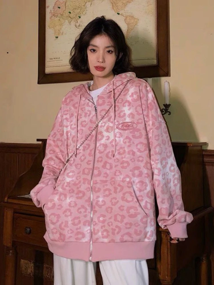 

HOUZHOU Y2k Harajuku Kawaii Cute Hoodie Women Korean Fashion Pink Leopard Print Zip Up Oversized Hooded Sweatshirt Preppy 2023