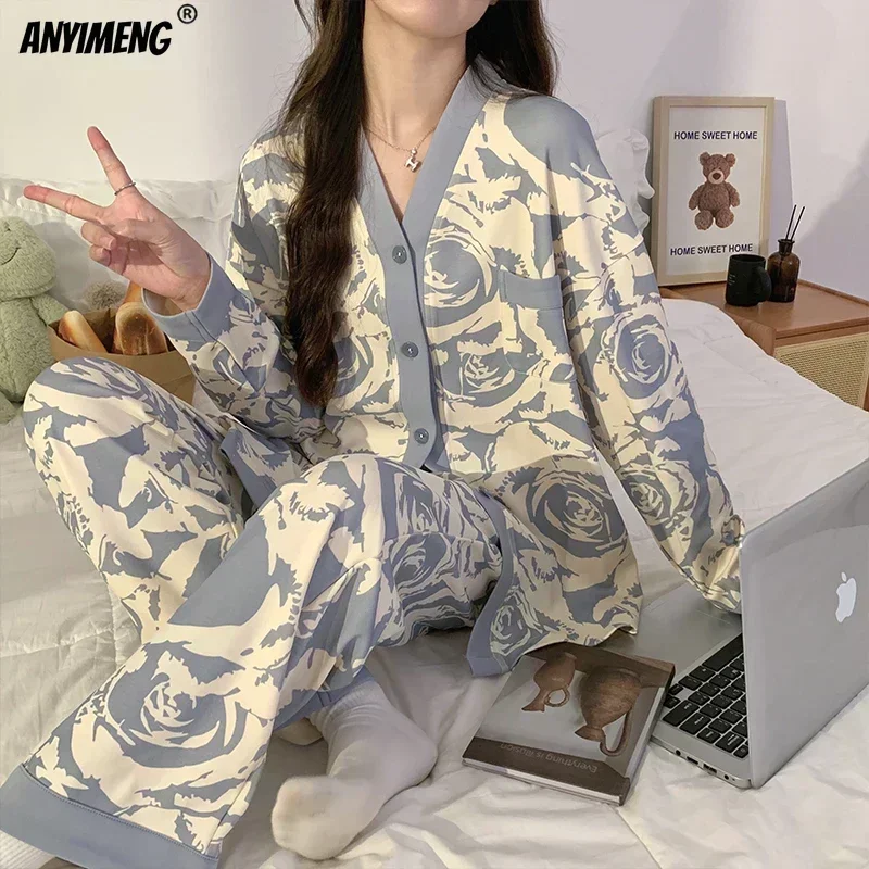 Elizabeth Duck Japanese Kimono Autumn Winter Women Pajamas Sets Faux Cotton Long Sleeves Homesuits Casual V-neck Lapel Sleepwear - Image 3
