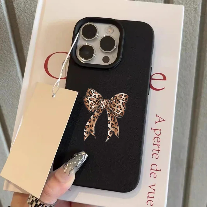 Leopard Print Stars Bow Lychee Texture Silicone Phone Case