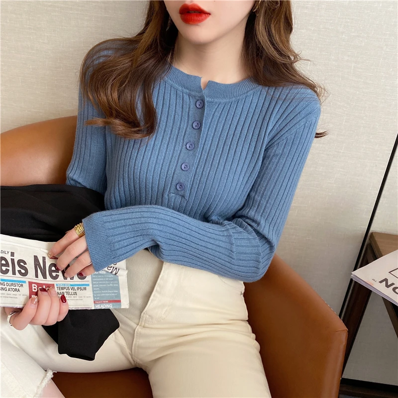 Spring and Autumn New Fashionable Women's Round Neck Button Knitted Bottom Slim Design Sweater Knitwear Pullover Top 1257