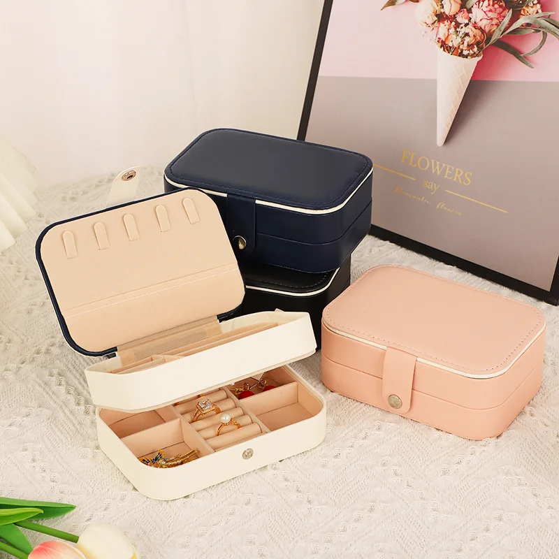 Double Layer Portable Jewelry Box with Mirror Luxury Gift Wrap Velvet Jewelry Storage Box Leather Ring Earring Holder Organizer