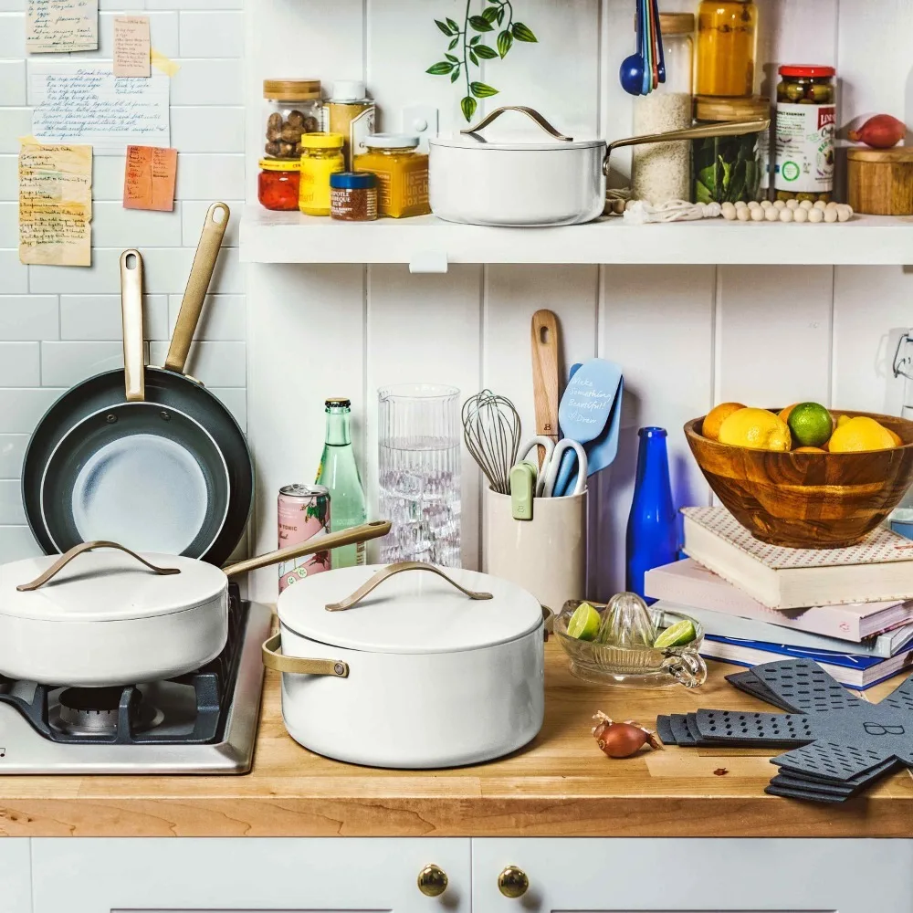 Beautiful 12pc Ceramic Non-Stick Cookware Set, White Icing by Drew Barrymore  - AliExpress