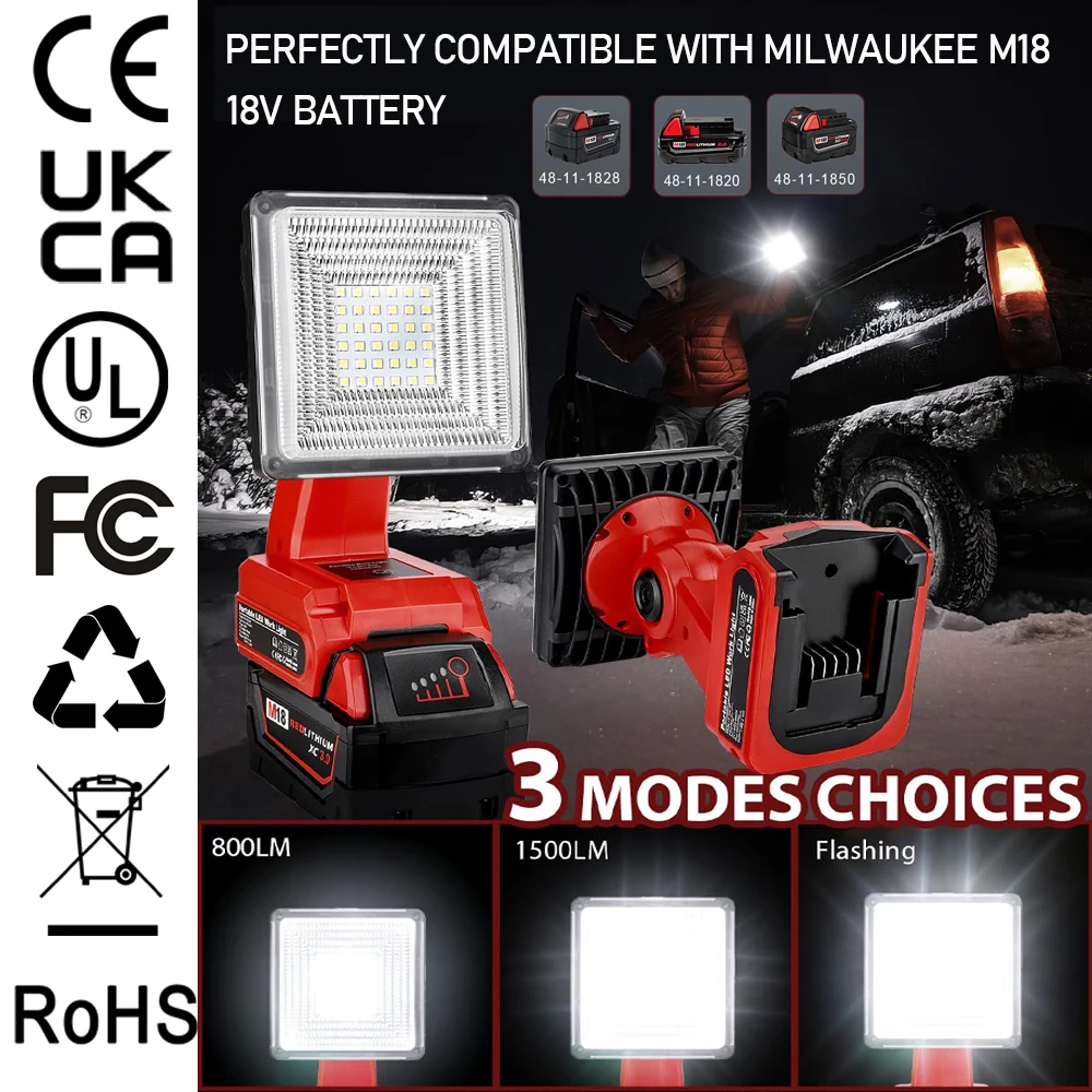 25W LED Work Light For Milwaukee M18 Batteries - 1500LM Flood Light With USB-A & USB-C Power Bank