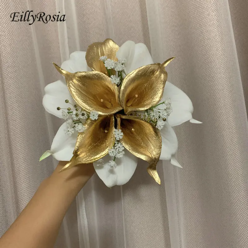 EillyRosia Luxury White and Gold Bridal Bouquet Teardrop Peals Baby's Breath Flowers Brooch Bouquet for the Wedding made