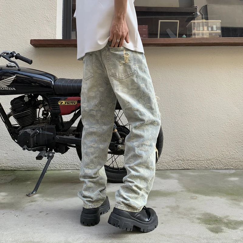 Y2k pants ripped cashew flower embroidery men's loose straight jeans vintage washed streetwear fashion knapwear hombre