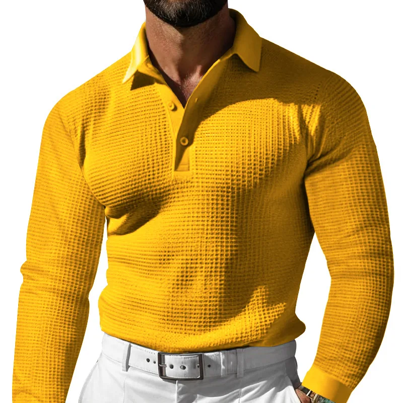 Men's Spring Leisure Polo Shirt Solid Color Tee Sports Fitness Breathable Waffle T Shirts Men Long Sleeve Button Lapel Collar